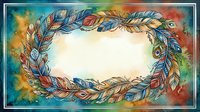 Colorful feather wreath frame with watercolor background for bohemian designs, greeting cards, invitations and decorative projects on isolated white center.