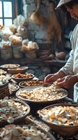 Asian chef preparing traditional dishes with dried ingredients and mushrooms in rustic kitchen setting. Atmospheric food photography perfect for culinary blogs, restaurant marketing and cookbooks.
