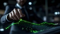 Business professional interacting with glowing green financial chart hologram on dark background, demonstrating market growth and digital transformation in finance.