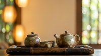 Traditional ceramic tea set with teapot and cups on wooden tray in warm sunlit interior setting for relaxation and hospitality concepts.