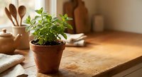 Fresh green basil herb plant growing in terracotta pot on wooden kitchen counter with natural sunlight and cooking utensils in background.