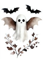 Cute ghost with bat wings and flying bats in watercolor style on white background, decorated with brown floral elements. Halloween art for cards and decorations.