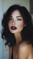 Young Asian woman with dark wavy hair wearing burgundy lipstick and natural makeup, looking sensually at camera. Soft natural lighting highlights freckled skin and dramatic eye makeup.