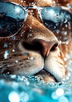 Close-up of cat nose and sunglasses with water drops and splashes against turquoise blue background creating dreamy summer atmosphere with bokeh effect.