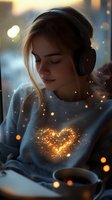 Young Caucasian woman in headphones with glowing heart effect on sweater relaxing with coffee and book at dusk, magical bokeh lights creating dreamy atmosphere.