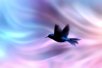 Silhouette of hummingbird with iridescent blue feathers flying against dreamy pink and blue sky background, creating magical nature atmosphere.