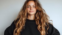 Young Caucasian woman with long wavy caramel hair smiling at camera wearing black oversized sweater against light background. Natural beauty portrait.