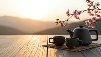 Peaceful tea ceremony setup with ceramic teapot and cups on wooden table at sunrise with cherry blossoms and mountain landscape background for relaxation.