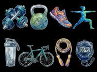 Fitness equipment collection featuring dumbbells, kettlebell, running shoe, yoga pose figure, water bottle, road bike, jump rope, and digital stopwatch. Isolated on transparent background, ready for t-shirt design, clipart, stickers, print-on-demand, and sublimation projects.