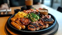 Gourmet mixed grill platter with grilled steak, sausages, and chicken served with fresh herbs, roasted vegetables, and dipping sauces on a cast iron plate.