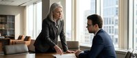 Senior female executive with gray hair in business attire discussing strategy with male colleague at modern office desk with city skyline view.