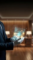Businessman in dark suit holding glowing digital tablet with holographic interface and data visualization icons in modern office environment for technology and business concepts.