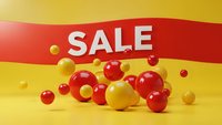 Vibrant sale banner with floating red and yellow spheres on gradient background for retail marketing campaigns and promotional materials.