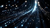 Abstract digital data stream with glowing blue light particles flowing in curved motion against dark background for technology and innovation concepts.