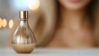 Elegant golden perfume bottle with ribbed glass design on blurred background with soft bokeh lights and feminine silhouette, luxury cosmetic concept.