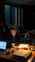 Professional businesswoman working late at office desk with laptop and documents under warm desk lamp light in corporate environment.
