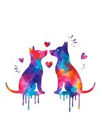 Watercolor dog and cat silhouettes with rainbow gradient colors and hearts isolated on white background for pet lover designs and romantic artwork.