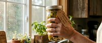 Man holding glass jar with pickled vegetables and brine, kitchen interior with window and potted plants, homemade fermented food preservation.