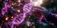Glowing purple DNA helix structure with human hand reaching towards genetic code strand, surrounded by sparkling particles and bokeh lights on dark background.