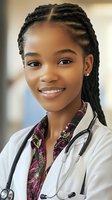 Young African American female doctor with braided hair smiling confidently in white medical coat with stethoscope for healthcare and medical profession concepts.