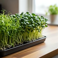 Fresh green microgreens growing in black tray on wooden surface near bright window for healthy eating and urban gardening lifestyle.