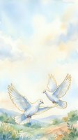 Two white doves flying over serene landscape with soft watercolor clouds and rolling hills. Peaceful scene suitable for wedding invitations, greeting cards, and spiritual designs.