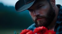 Bearded Caucasian man in baseball cap gazing thoughtfully at red carnations in moody evening light, wearing plaid shirt, creating atmospheric outdoor portrait with selective focus.