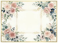 Elegant floral frame with pink roses, navy blue flowers, and green foliage arranged in corners on cream background with gold border, suitable for invitations and greeting cards.