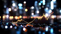 Glowing stock market graph chart with golden line trend on dark background with blurred city bokeh lights, financial data visualization.