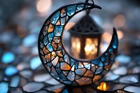 Decorative mosaic crescent moon lantern with blue and amber stained glass pieces glowing warmly against blurred bokeh background, creating magical atmosphere.