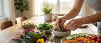Woman preparing fresh healthy salad with mixed greens and vegetables in bright modern kitchen for nutritious meal preparation.