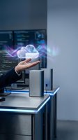 Businessman hand presenting glowing cloud computing icon with digital data streams in modern office technology workspace for IT solutions.