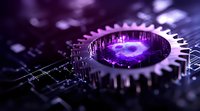 Futuristic gear mechanism with glowing purple spiral galaxy hologram on circuit board background, representing technological advancement and innovation in computing.