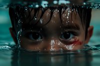 Close up view of intense eyes peering above turquoise water surface with wet hair and small red mark, creating dramatic atmospheric underwater scene in dark tones.