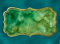 Watercolor green and gold ornate frame with decorative border on teal background, isolated design element suitable for invitations, labels, and graphic design projects.