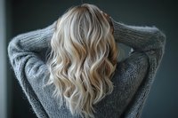 Blonde wavy hair from behind, woman wearing cozy gray knit sweater holding hands behind head against dark background, modern hairstyling and fashion concept.