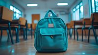 Turquoise school backpack sitting on classroom floor between wooden desks and chairs in modern educational environment for back to school concepts.