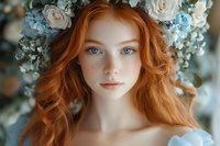 Young redhead woman with freckles and blue eyes in soft makeup surrounded by white and blue flowers for beauty, skincare, natural cosmetics concepts.