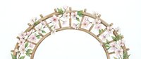 Wooden arch decorated with pink flowers and green leaves on white background, isolated for wedding invitations, event design, and decorative graphics.