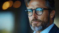 Professional mature businessman with glasses and beard in modern office environment with warm bokeh lighting effects.