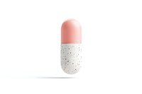 Pink and white speckled medical pill capsule floating on white isolated background, pharmaceutical and healthcare concept.