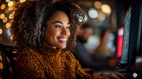 Young African American woman with curly hair smiling while working at computer in evening office, wearing brown sweater against blurred bokeh lights background.