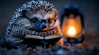 Adorable hedgehog wearing glasses reading book by warm lantern light in dark setting, creating cozy autumn or winter mood for social media and greeting cards.