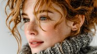 Young redhead woman with freckles wearing cozy knitted sweater, natural beauty portrait with soft lighting and tousled hair for lifestyle content.