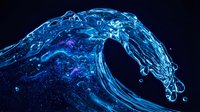 Dynamic wave of glowing blue liquid splashing against dark background, creating flowing motion and energy effect for technology, science, and digital design projects.