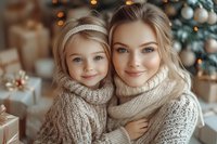 Caucasian mother and daughter in matching knit sweaters share tender moment near Christmas tree with bokeh lights and wrapped presents in background.