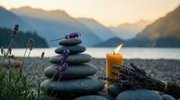 Zen spa stones balanced with lavender flowers and candle by mountain lake at sunset creating peaceful meditation atmosphere for wellness relaxation.