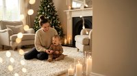 Young Caucasian mother in beige sweater sitting with toddler son near Christmas tree in cozy living room with fireplace and warm lighting during holidays.