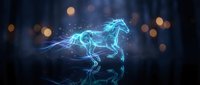 Electric blue energy horse galloping with lightning effects and glowing particles on dark background with bokeh lights for digital art projects.