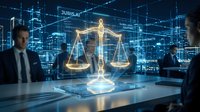 Digital justice scales hologram with legal professionals in futuristic law office environment showcasing legal technology and jurisprudence innovation.